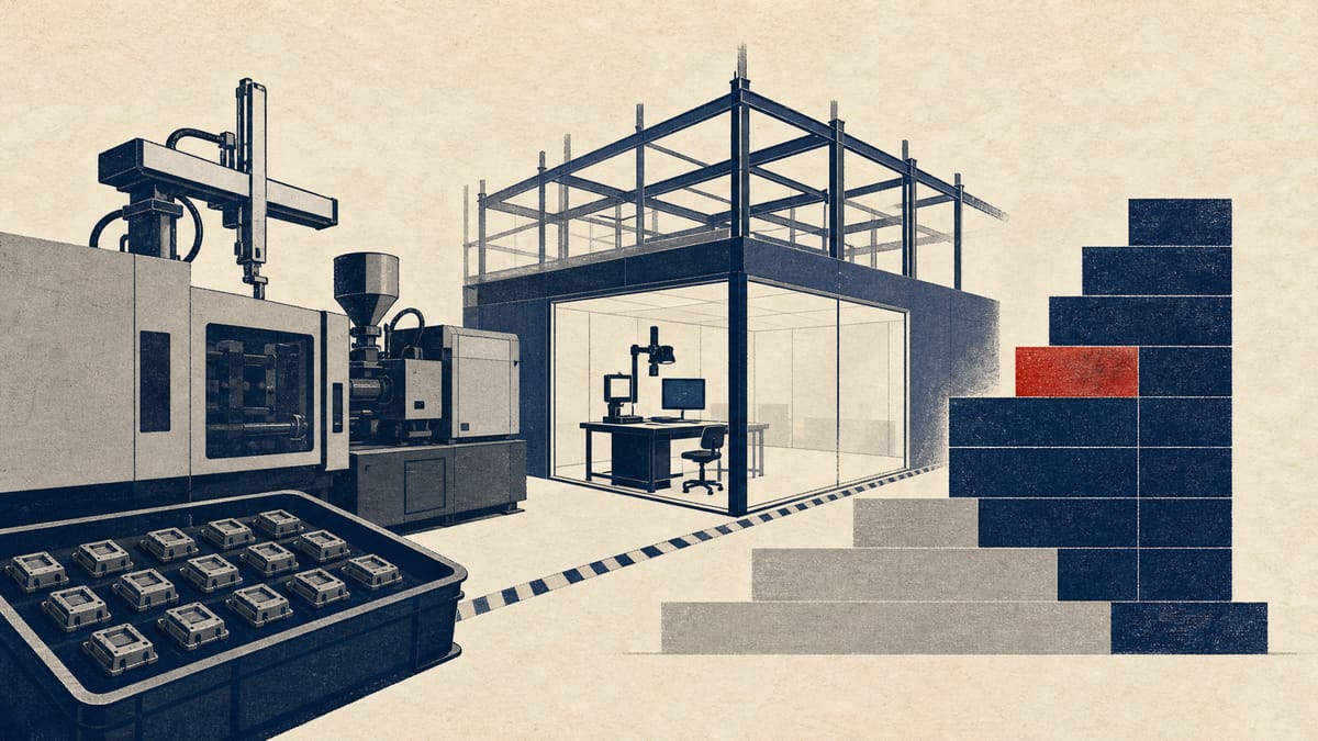 Editorial illustration of a resin molding factory with a new enclosed inspection bay and stacked blocks representing a share allotment.