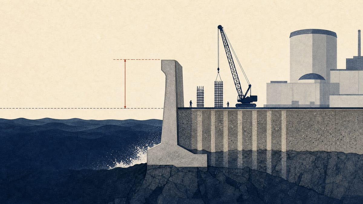 Cross-section illustration of a concrete seawall anchored into bedrock beside a cramped construction strip with cranes.