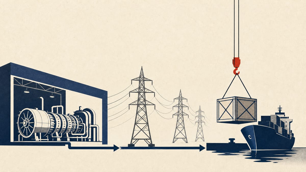 Illustration of a power plant turbine hall, transmission pylons and export crates being loaded onto a cargo ship.