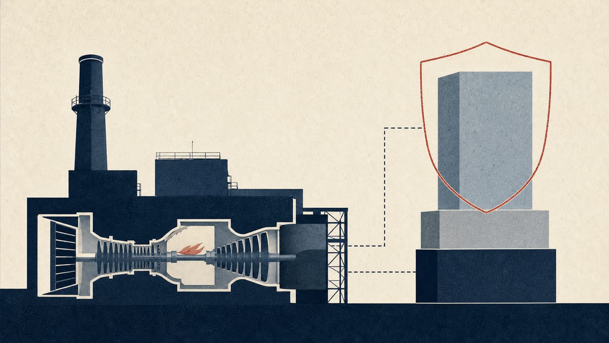 Stylised stacked blocks representing a policy bank loan within a larger co-financing package, with an insurance shield around the private lending layer, beside a gas turbine outline.