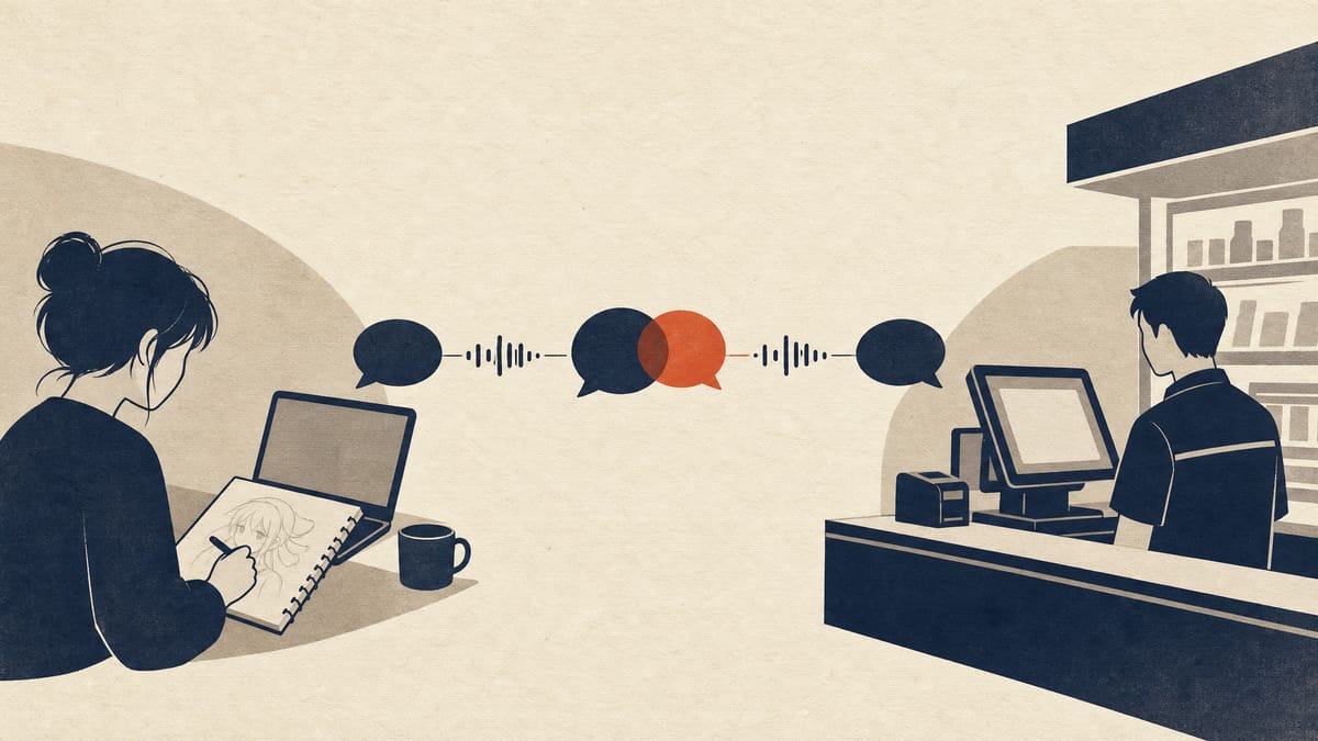 フリーランスのノートパソコンとスケッチブックが、音波と吹き出しの形でコンビニエンスストアのレジ画面につながる様子を描いた、啓発キャンペーンを表すイラスト