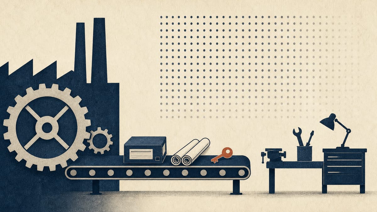 Illustration of blueprints, data cartridges and a key moving along a conveyor between a large factory and a small workshop, with a faint grid of dots behind them.