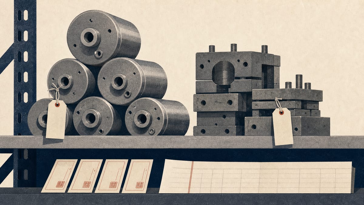 Steel molds and jigs on a storage shelf beside small promissory notes and a ledger strip, illustrating supplier payment and storage disputes.