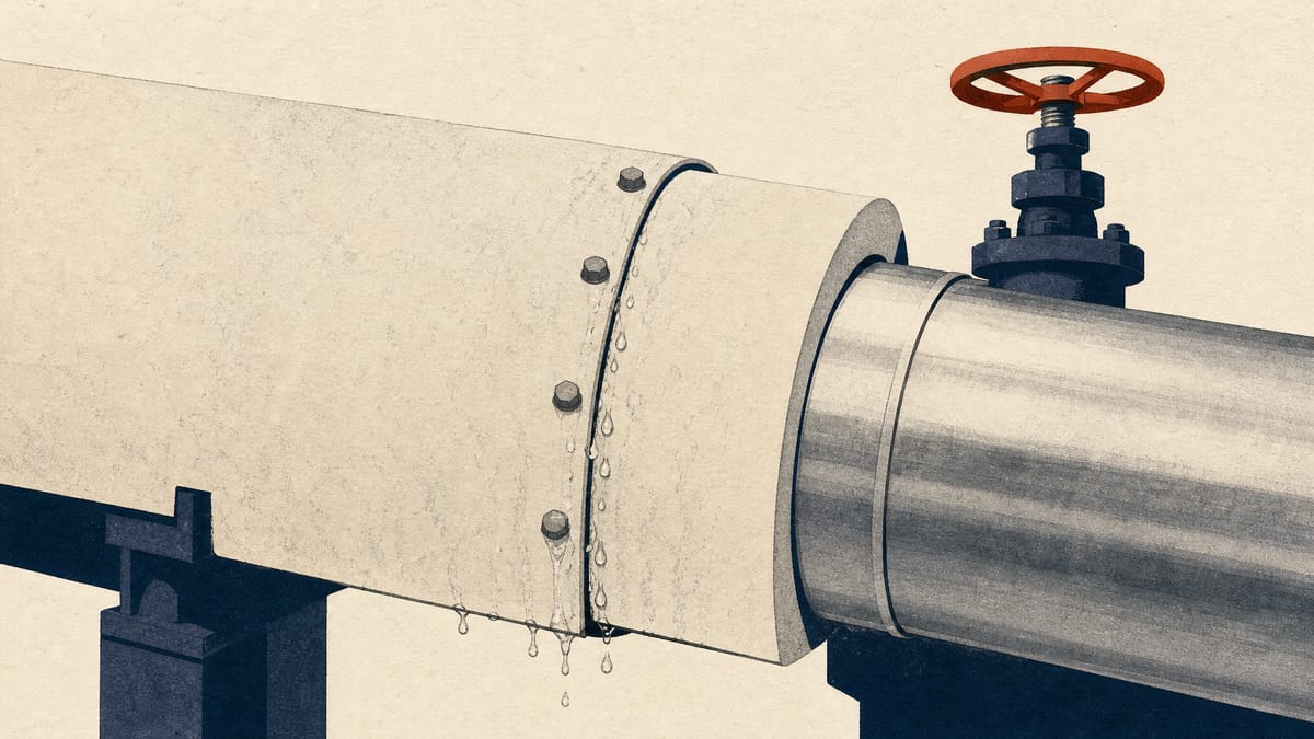 Insulated power-plant pipework with a metal cover-plate seam where rainwater collects, next to a new stainless steel pipe section.