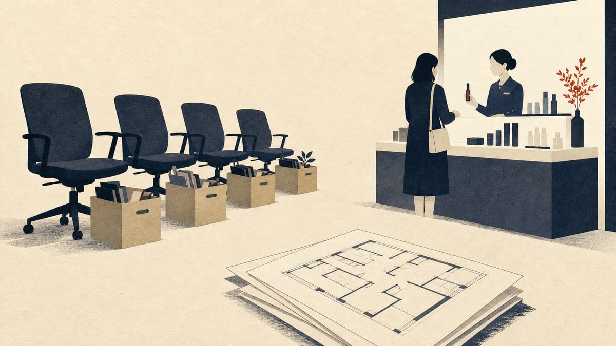 Empty office chairs and storage boxes beside a cosmetics sales counter, suggesting a workforce restructuring and office consolidation.