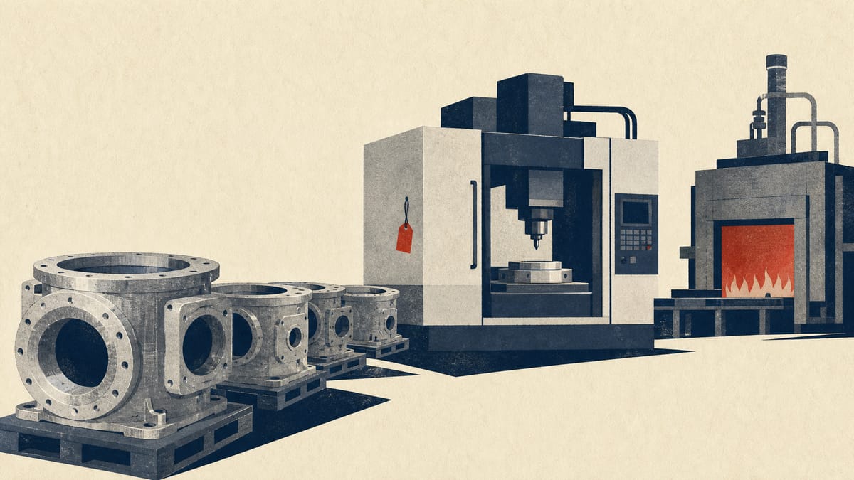 Cast aluminium vacuum chamber bodies waiting beside a machining centre and heat-treatment furnace on a factory floor