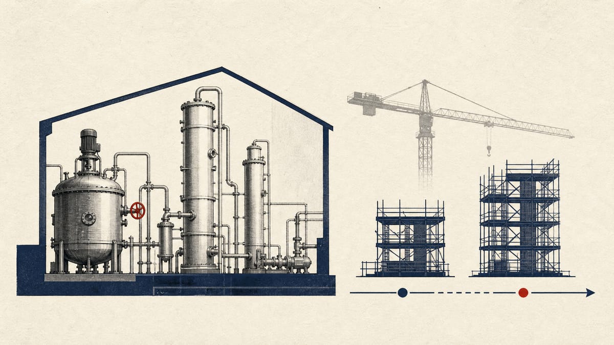 Illustration of a chemical plant under construction with reactors, distillation columns, piping and a crane