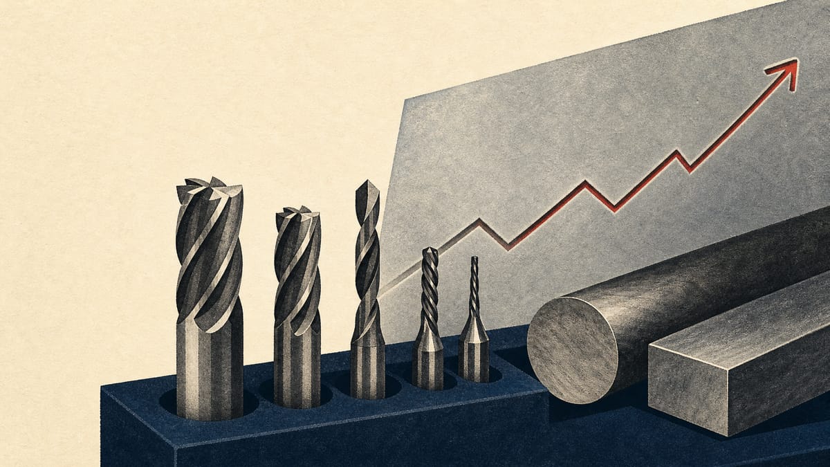 Tungsten carbide end mills and drills on a workshop tray beside metal stock bars, with a faint upward line chart in the background.