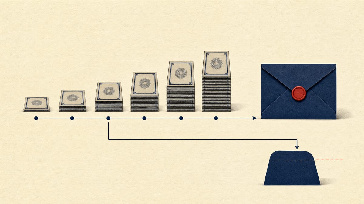 Abstract illustration of share purchase lots stepping up in price toward a sealed envelope, representing trading before a tender-offer announcement.