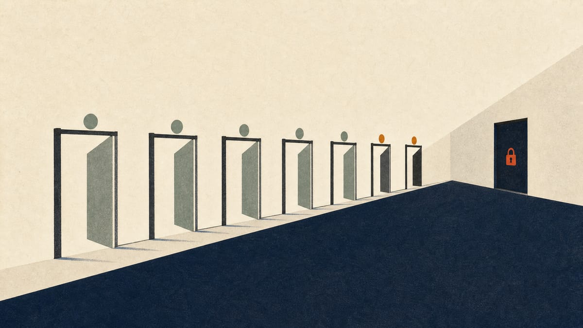 Abstract illustration of a corridor of gates, most open and two still closed, leading to a distant locked door, representing outstanding regulatory clearances before a tender offer.