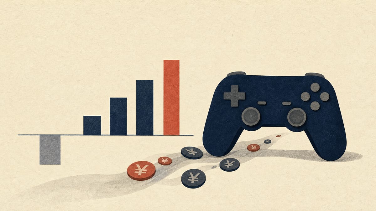Illustration of a game controller beside a small profit bar chart and a stream of yen and yuan coins.