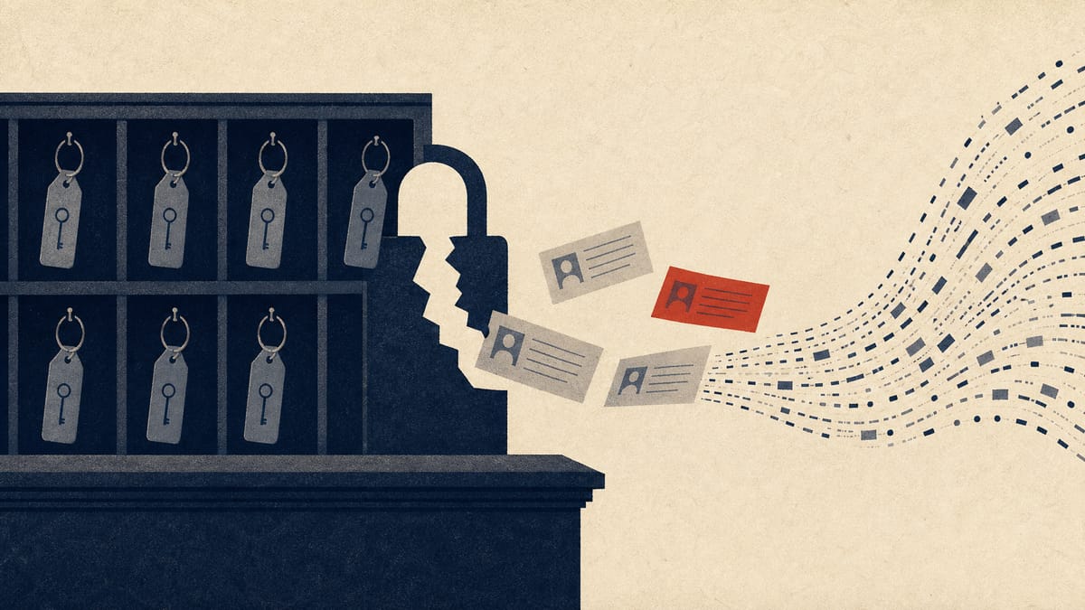 Illustration of hotel registration cards and room keys at a front desk, with some cards slipping through a broken padlock into a stream of data.