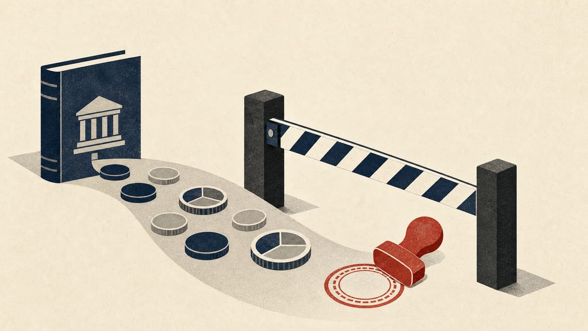 Illustration of a checkpoint barrier halting a flow of coins and investment tokens before they reach a registry book.