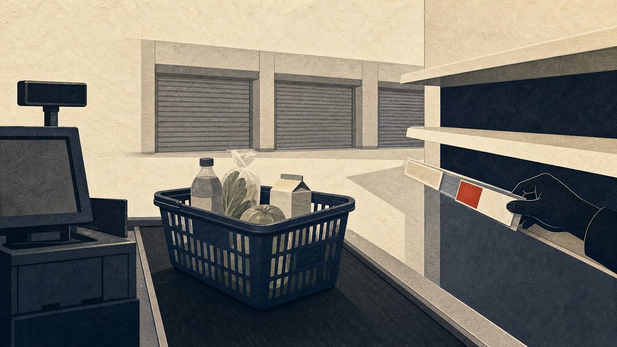 A supermarket checkout lane with a lightly filled basket and a shelf price label being swapped for a lower one