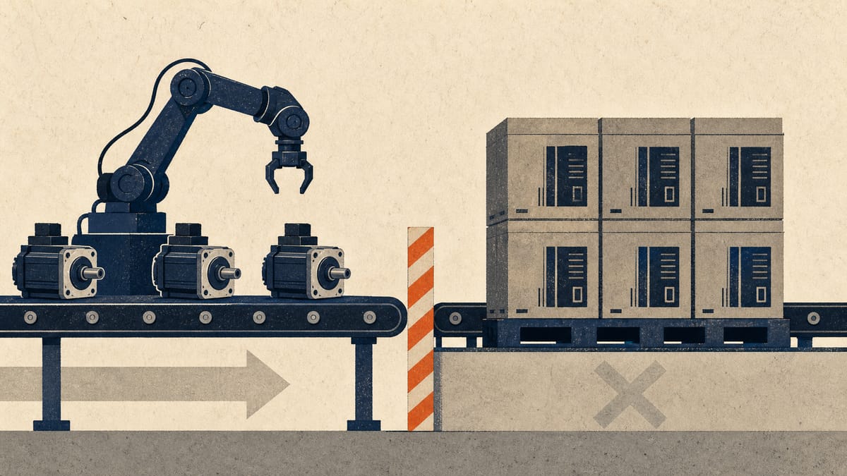 Industrial robot arm and servo motors on a factory line, with crates of finished drives waiting unshipped at one end.