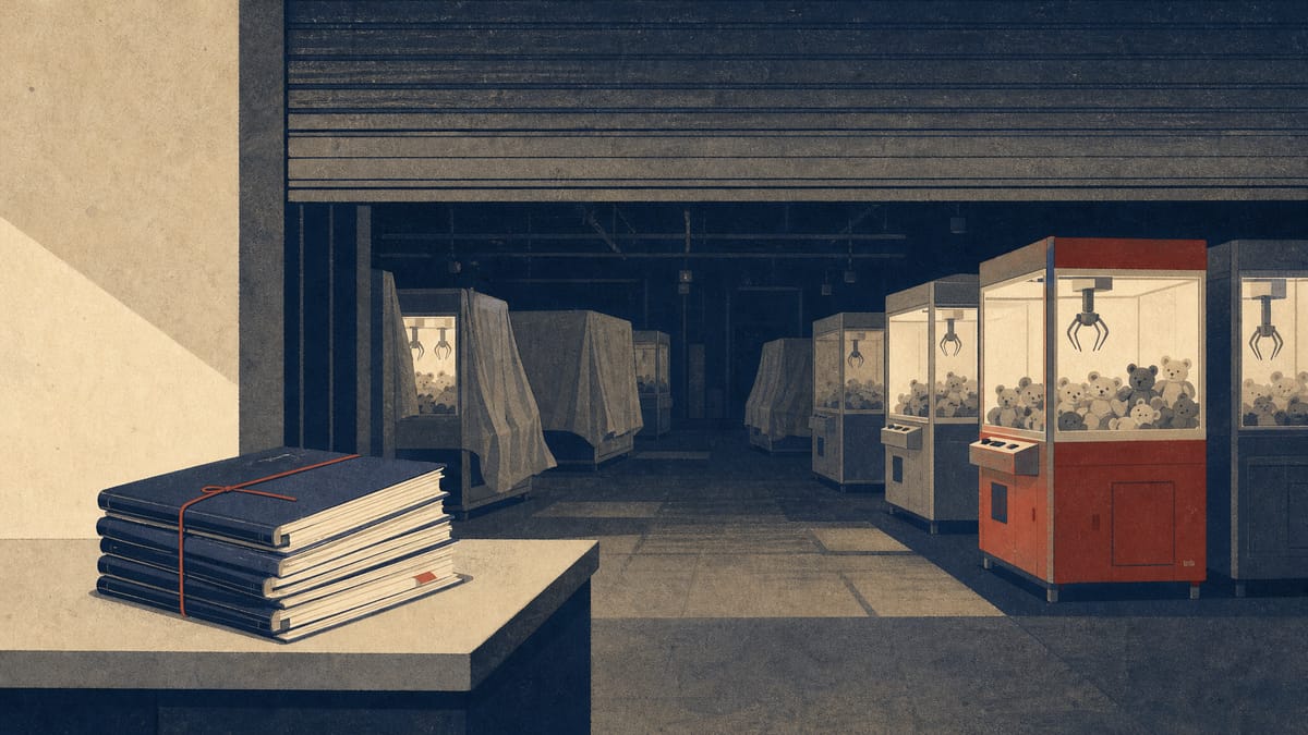 A quiet arcade with crane-game machines, some covered with sheets, and a half-lowered shutter at the entrance.