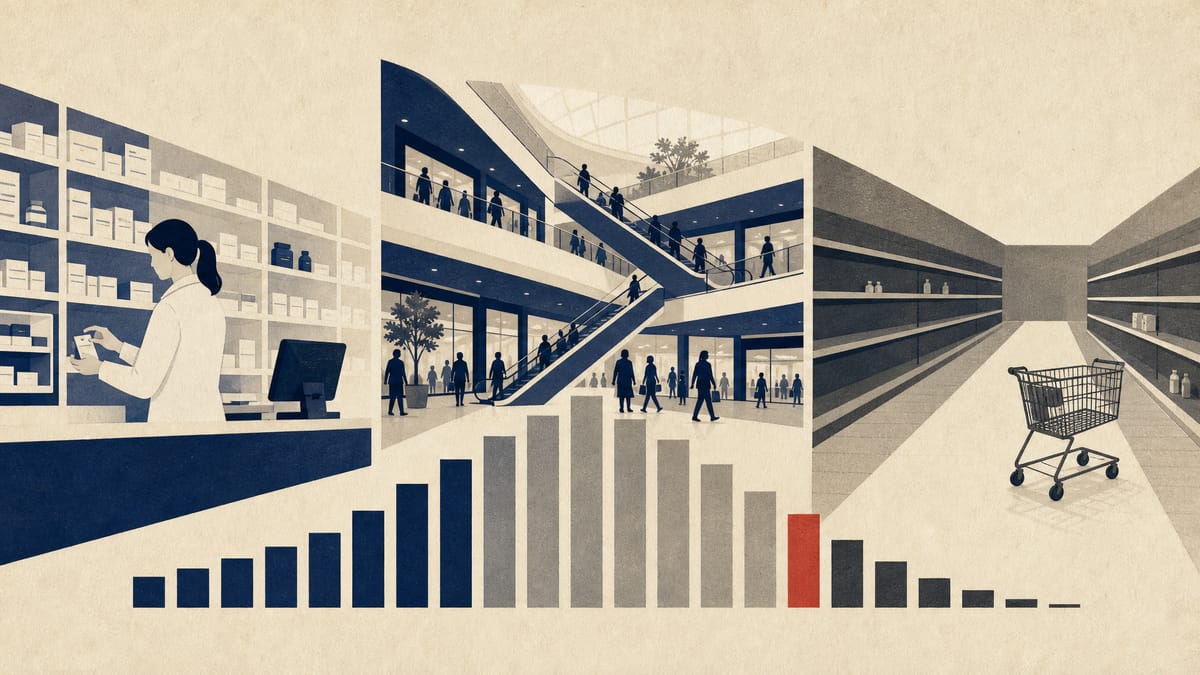 Illustration contrasting a busy pharmacy counter and mall atrium with a quiet supermarket aisle, with a bar chart motif linking them.