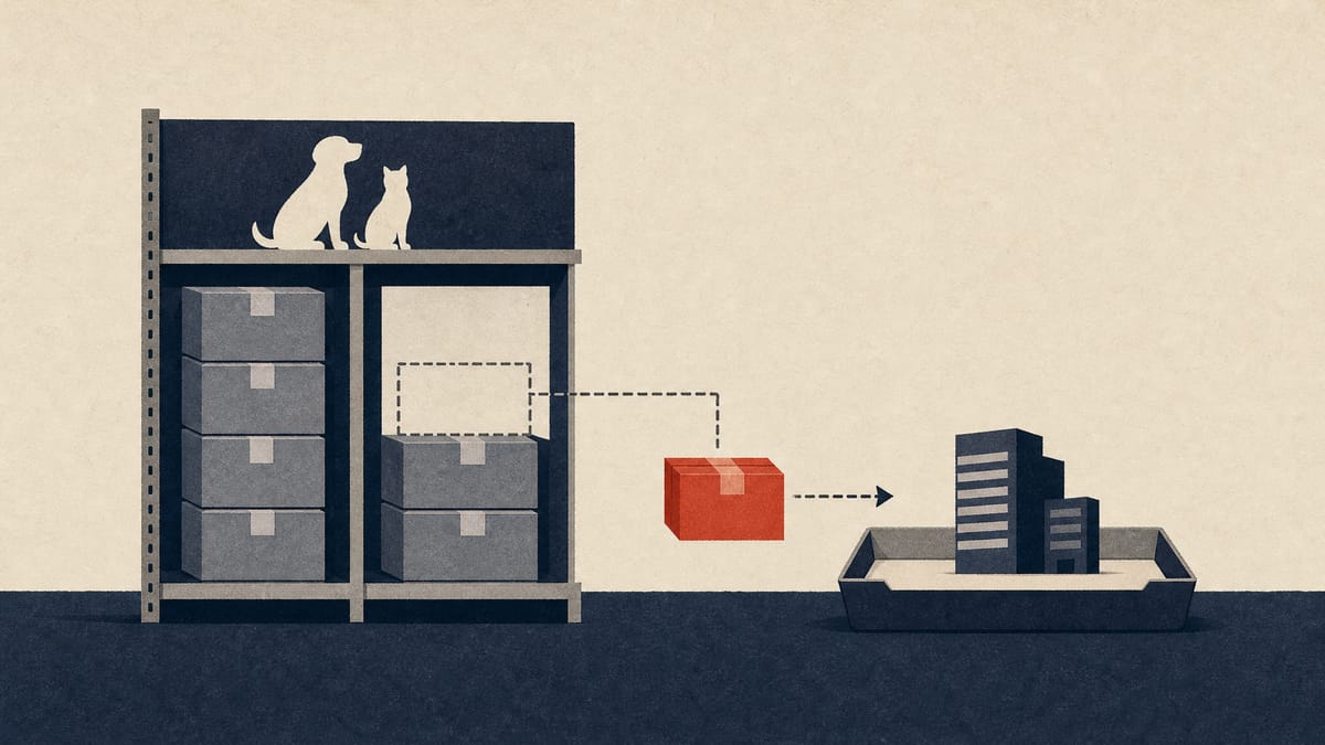 Pet-supply shelves with one stack of cartons shortened, linked by a line to a consolidation tray, illustrating a subsidiary's numbers being corrected at group level