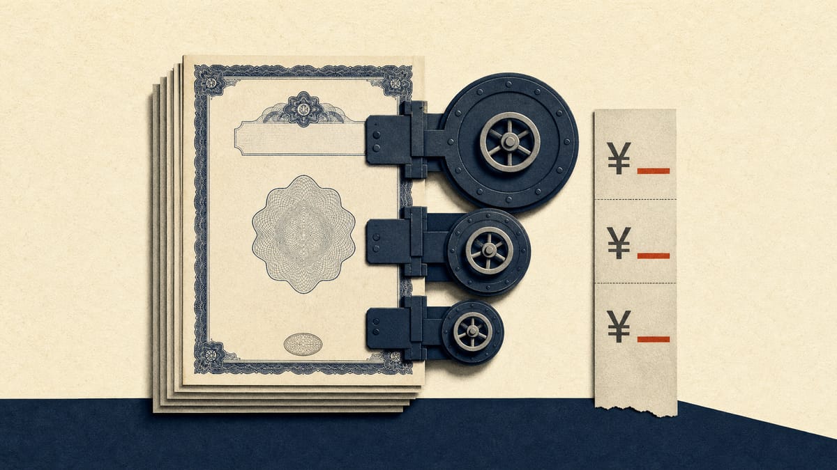 Stacked share certificates secured by three vault locks beside a ledger strip of loan tranches, illustrating a pledged-loan take-private financing.