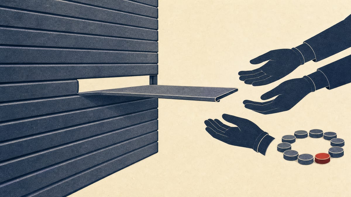 Illustration of steel shutter slats with a band of slats lifted out and passed as small tokens to gloved work hands, suggesting shares repurchased and handed to employees.