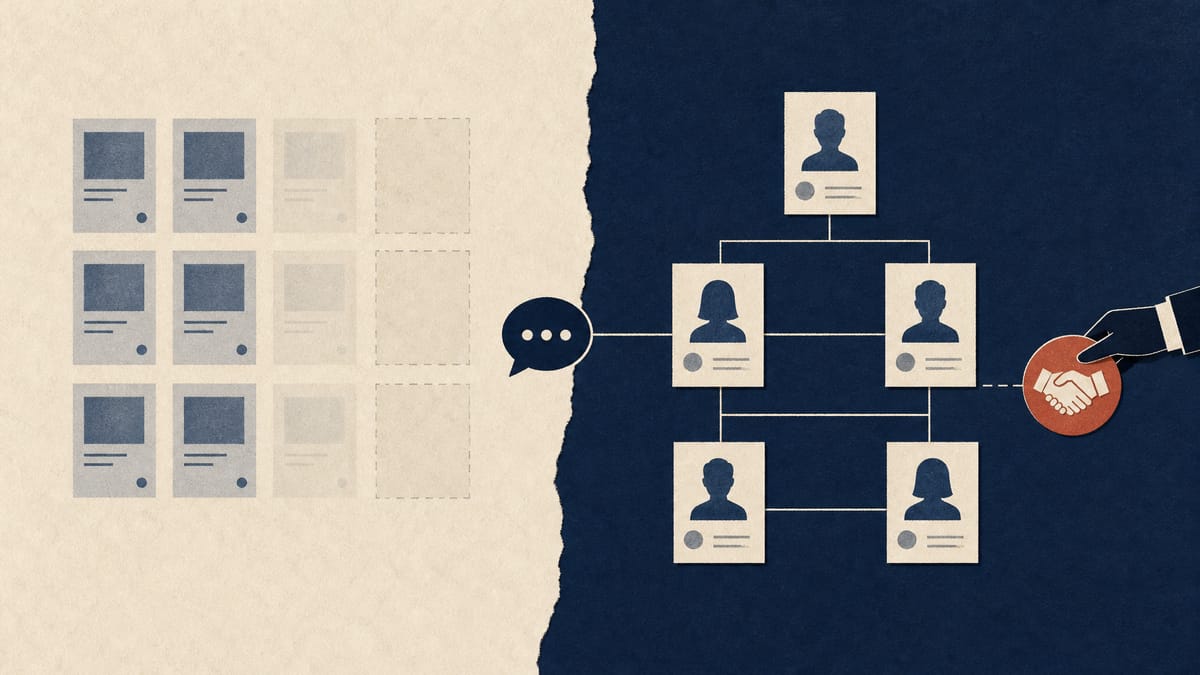 Illustration contrasting a shrinking grid of marketplace listings with a growing board of staffing assignments, joined by a chat bubble and a contract token.