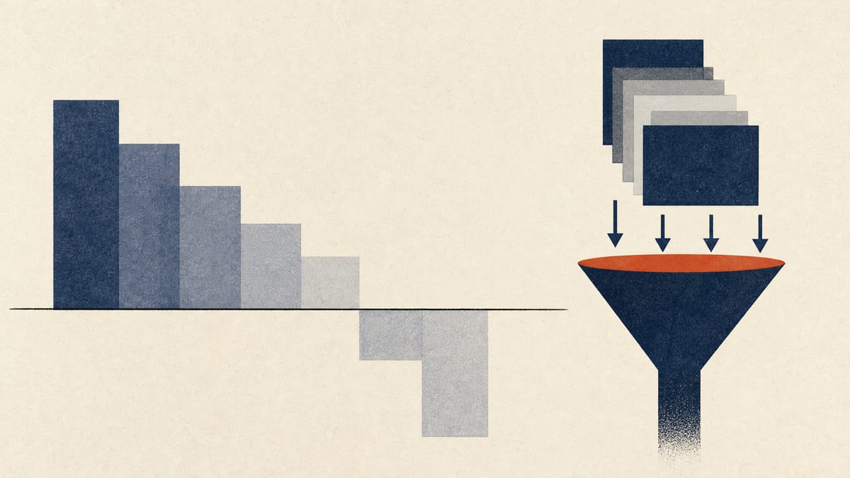 Illustration of a forecast range band dipping across a zero line beside job-listing cards flowing into a funnel.