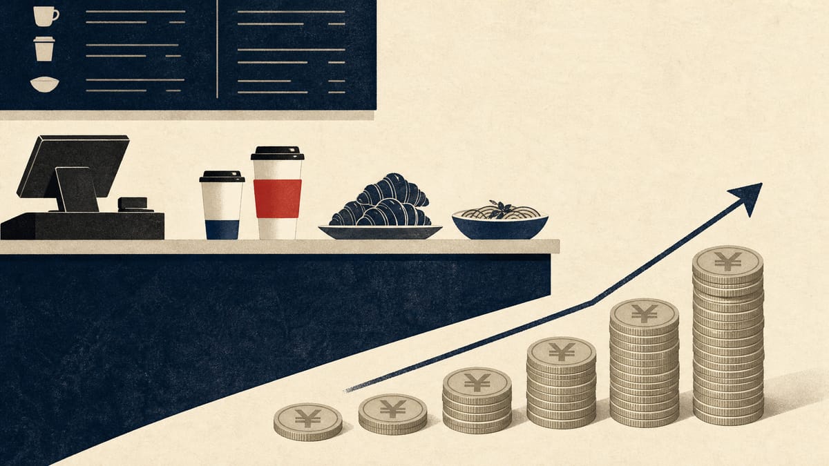 A cafe counter with takeaway cups, a till and a bowl of pasta beside a rising stack of yen coins.