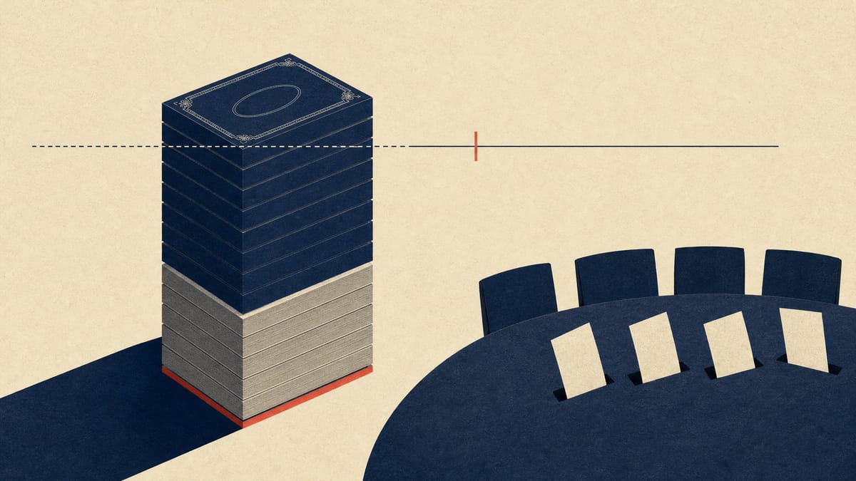 Abstract diagram of stacked share blocks approaching a threshold line, beside ballot slips and a simplified board table.