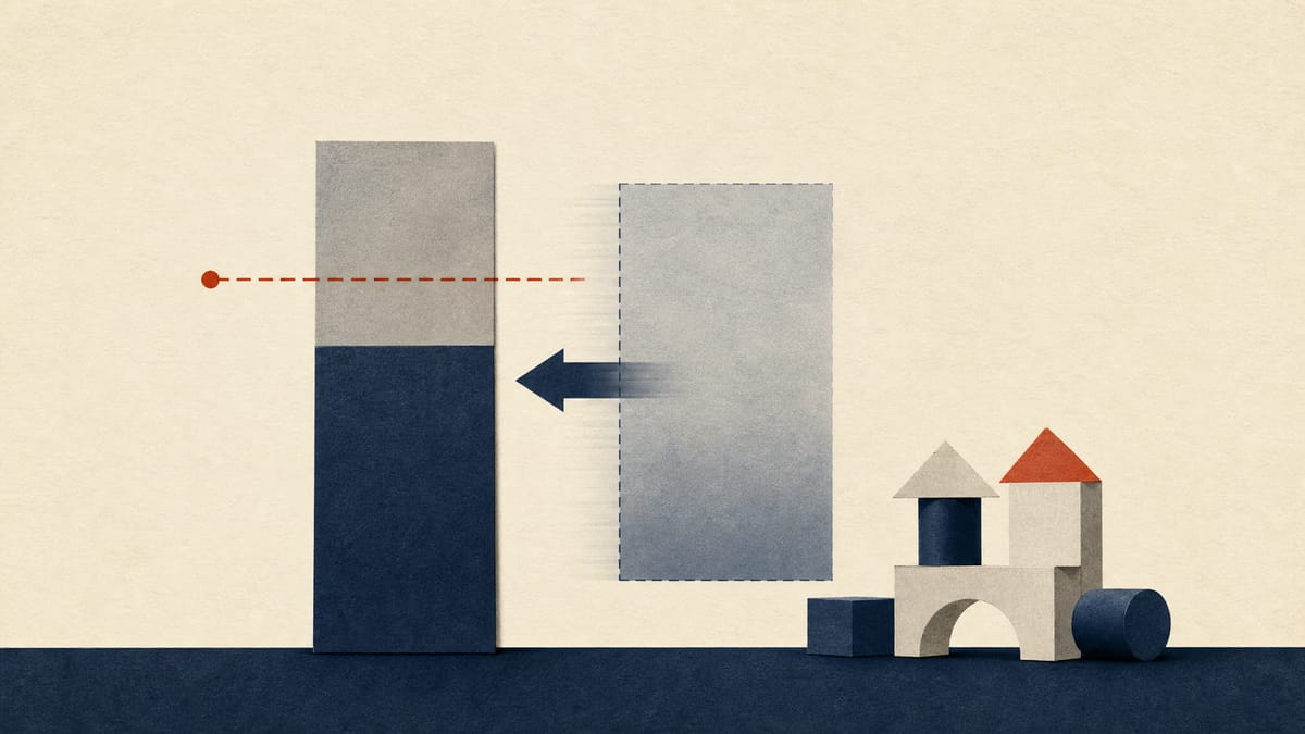 Abstract ownership bar with a large block filling the remaining share and a marked two-thirds threshold line, beside small building blocks representing a children's education business.
