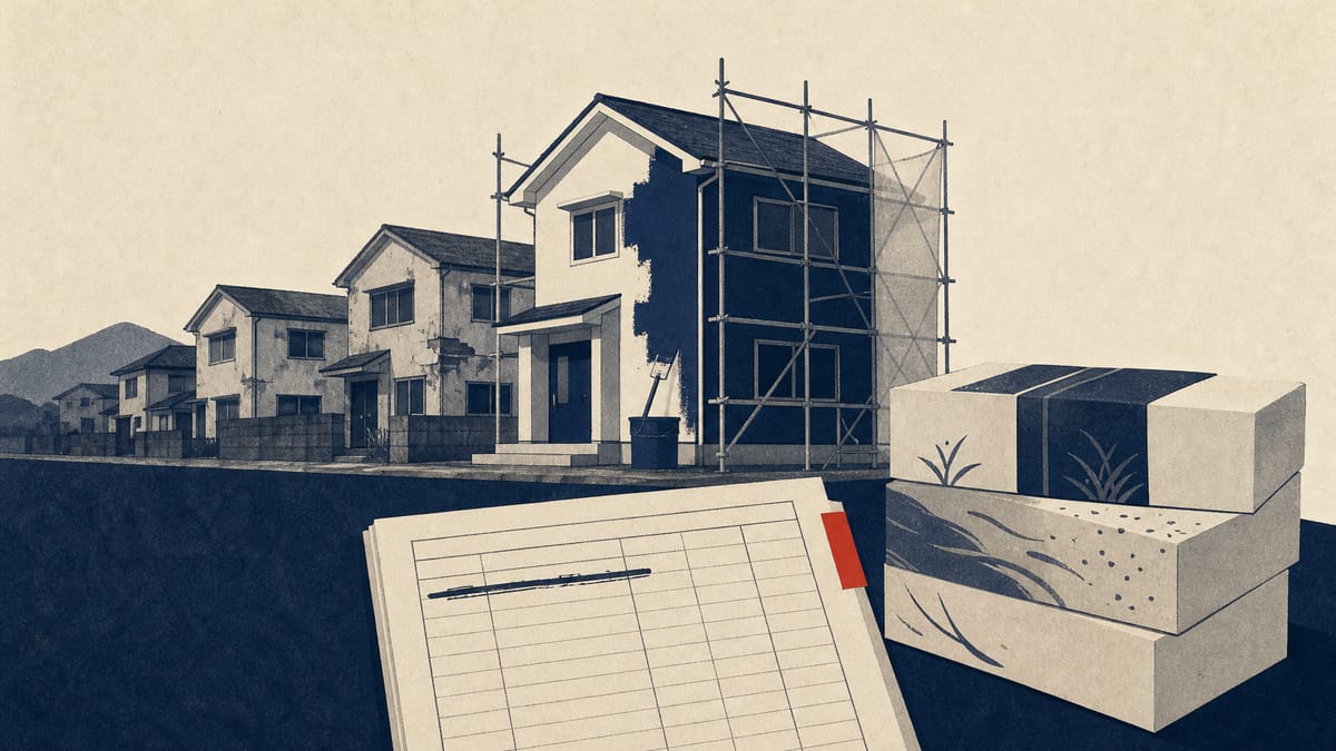 Renovated used houses on a regional street beside shareholder gift boxes and a ledger with a crossed-out dividend line