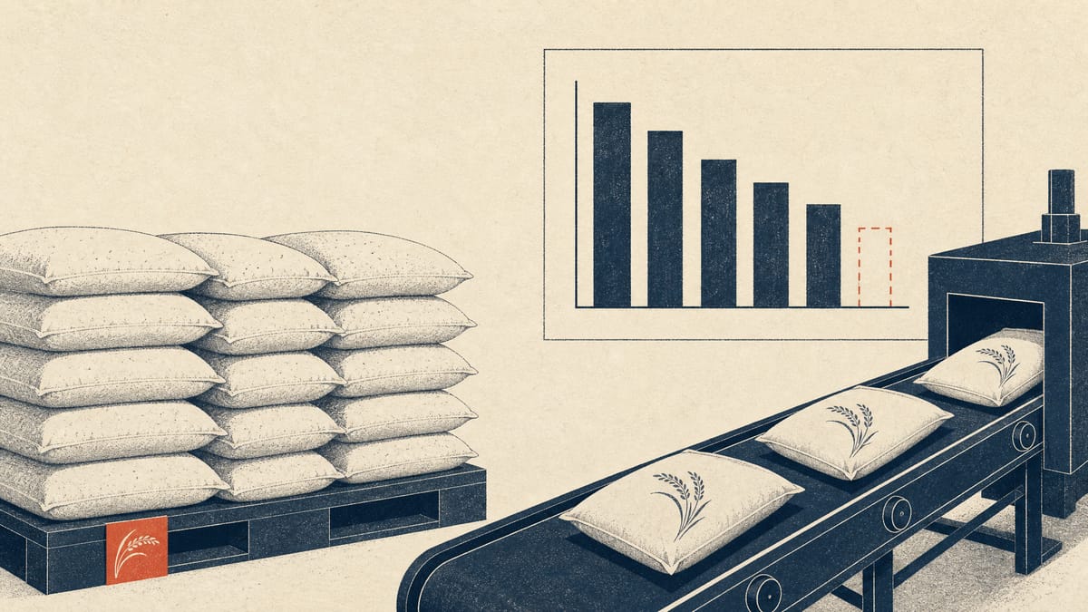 Pallets of bagged rice beside a packing conveyor, with a chart of falling inventory levels on the wall.