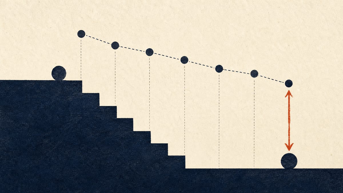 Abstract chart showing a frozen price marker sitting below a moving redemption-value line over seven steps