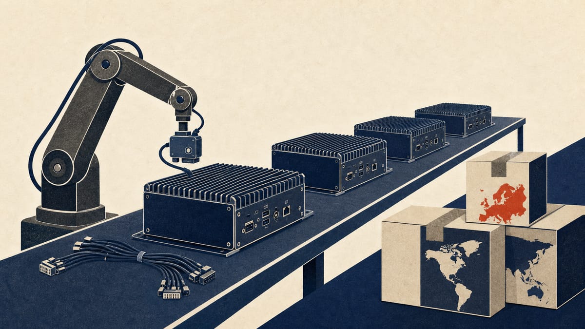 Rugged industrial computers on an assembly bench beside a robotic sensor module and shipping cartons.