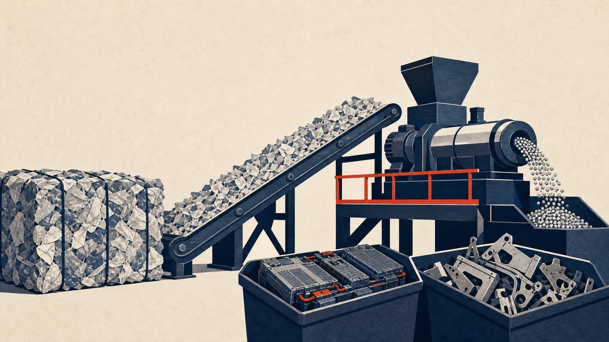 Conveyor carrying shredded plastic flake toward a pelletiser in a recycling plant, with bins of e-scrap and battery packs in the foreground.