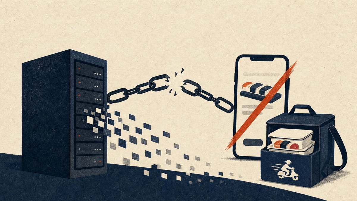 Illustration of delivery boxes, a phone and a server rack with a broken chain of data records, suggesting a suspended online ordering channel.