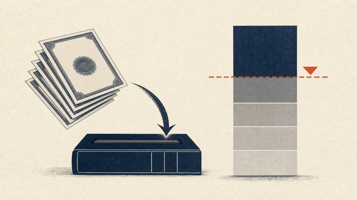 Illustration of defense-warrant certificates being withdrawn into a ledger beside a shareholding bar with a threshold line