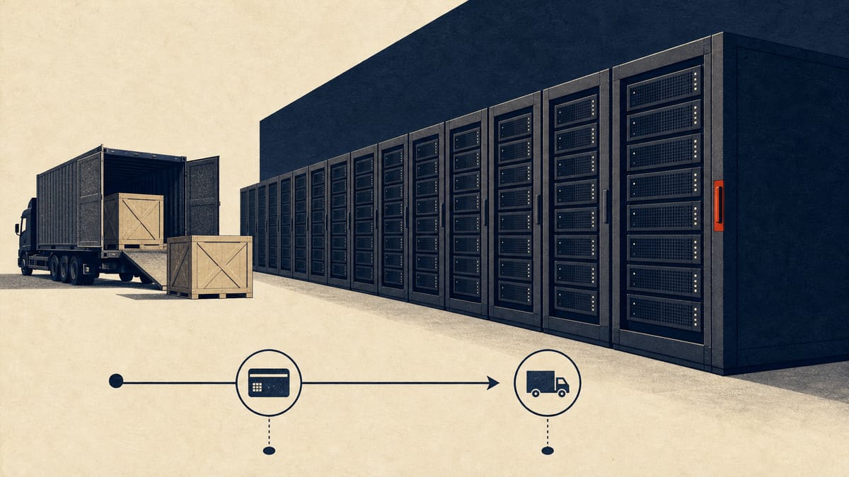 Rows of AI server racks in a data hall with crated equipment arriving and a thin timeline line along the floor.