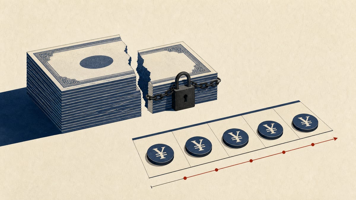 Illustration of share certificates divided into blocks beside a row of dividend coins stepping across five columns, representing a shareholder's stake and dividend proposals.