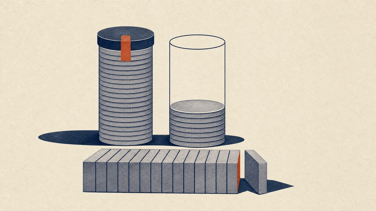 Illustration of two columns of coins, one full and one about a third full, beside a block divided into fifteen equal slices.