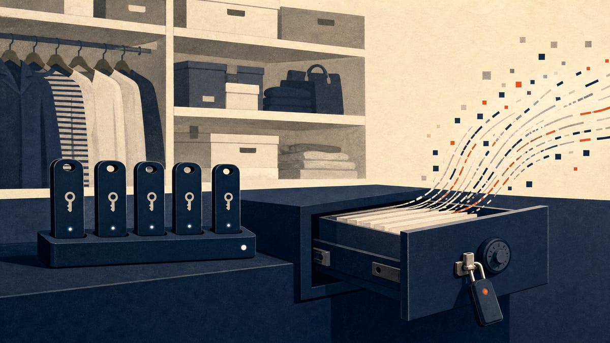 Illustration of a retail back-office with an open data drawer leaking strands of information while a passkey device secures a neighbouring drawer.