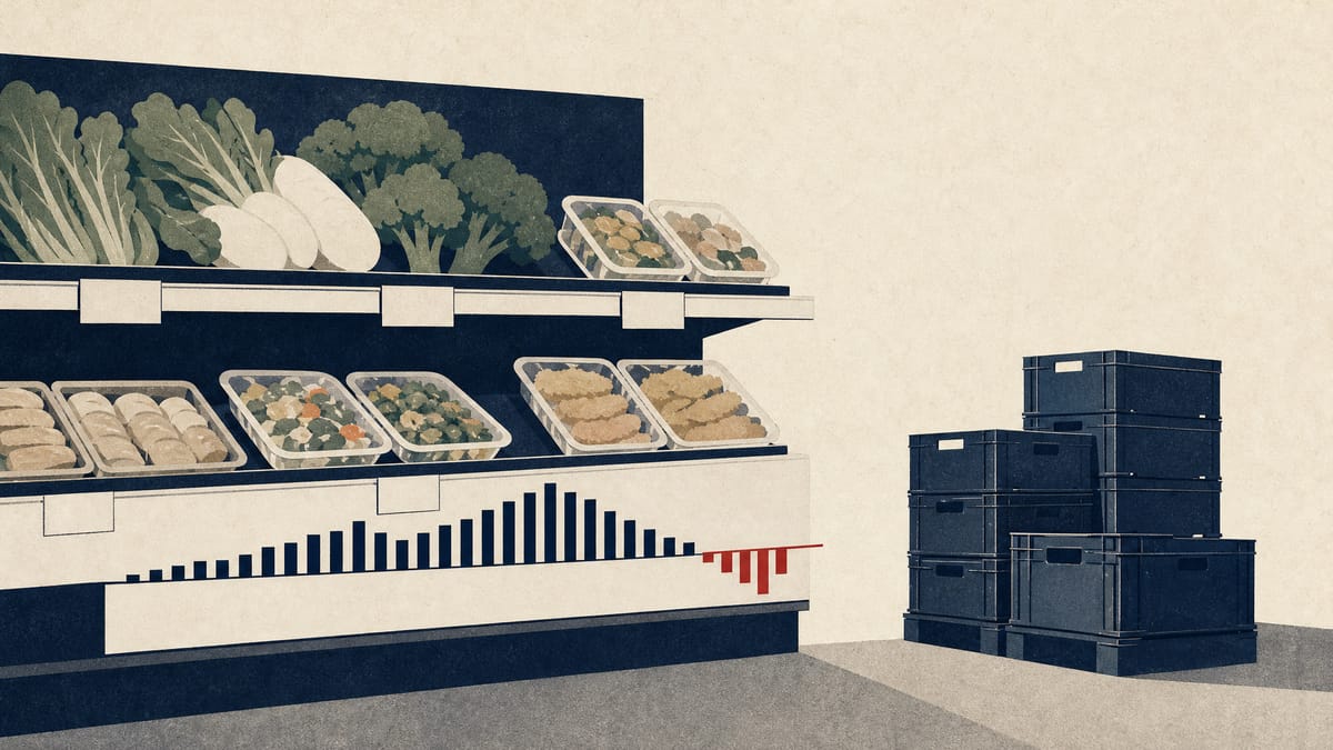 Supermarket shelves with price tags and delivery crates beside a simple bar chart of rising sales and thinning margins.