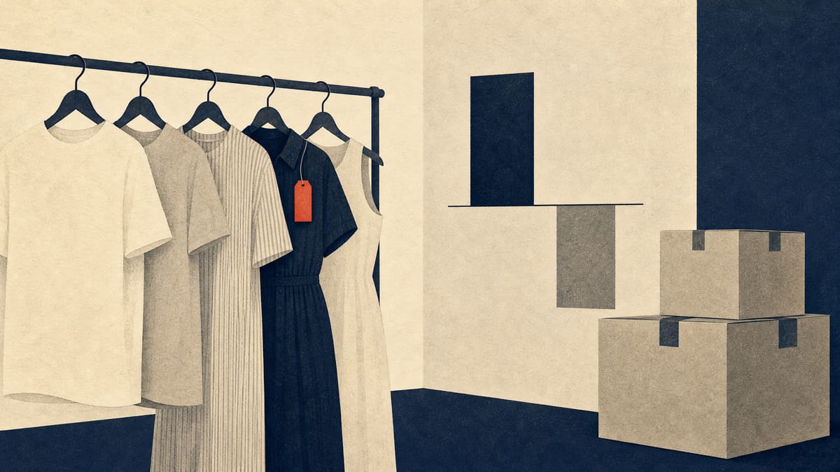 Summer clothing on a store rail next to shipping cartons and a simple two-bar chart showing one bar rising and one falling.