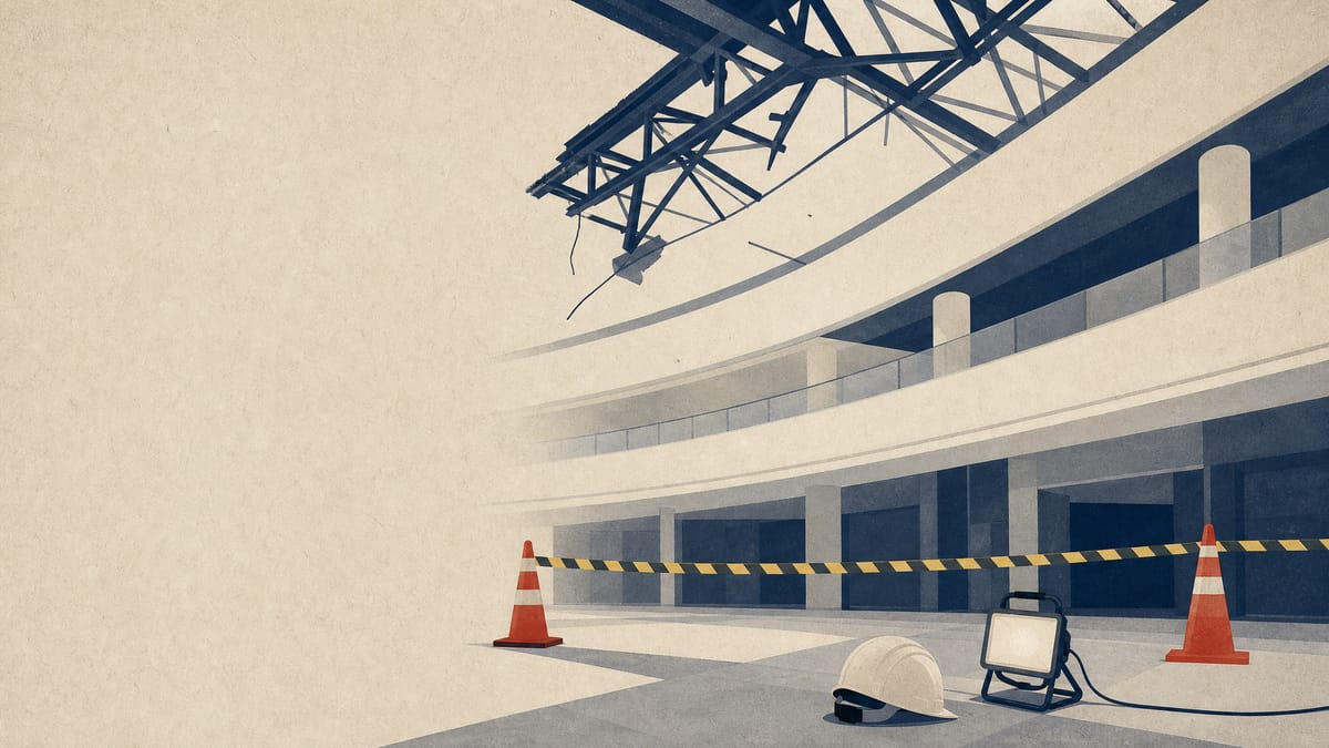 A cordoned-off section of a mall atrium with ceiling trusses overhead, safety cones and caution tape marking an area under inspection.