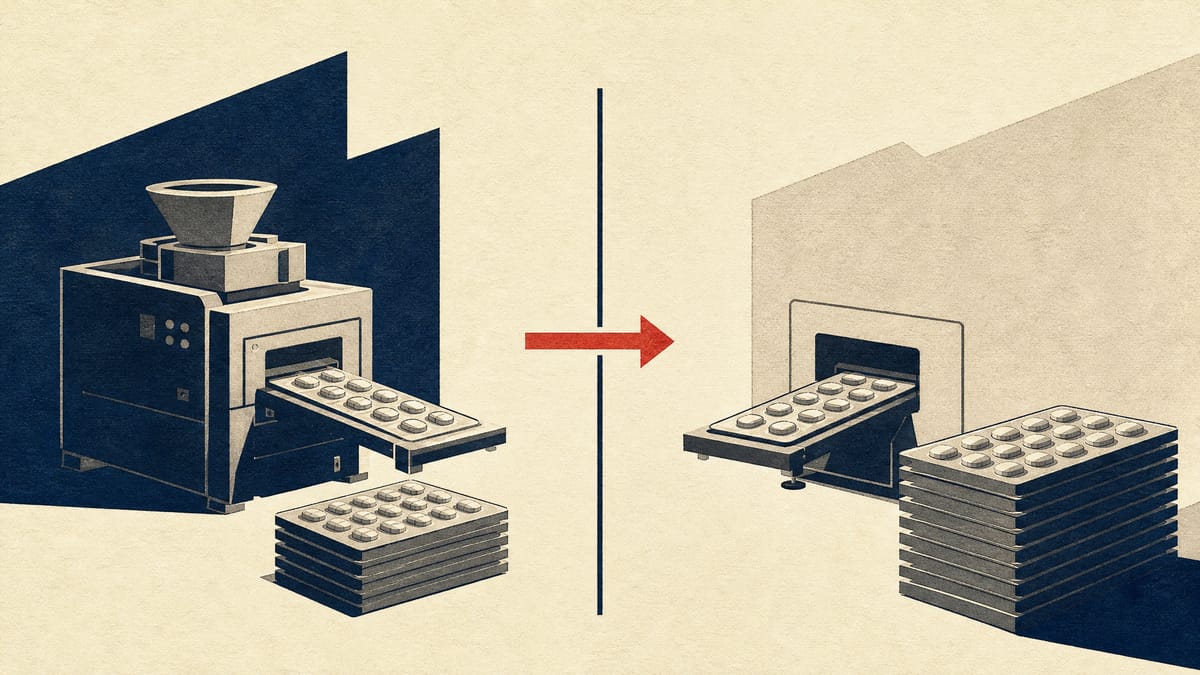 Illustration of a tablet production line divided into two plant bays, suggesting a generic-drug manufacturing business changing owners.