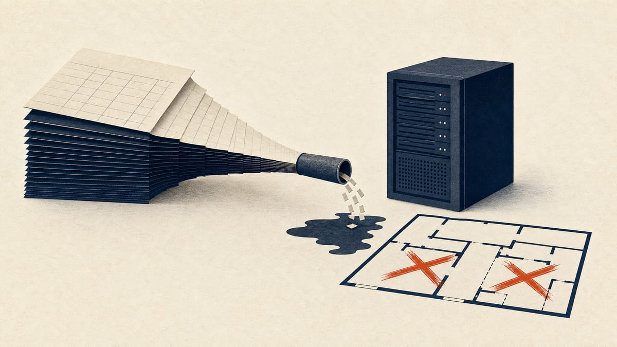 Illustration of a shrinking stack of ledgers and a floor plan with sections crossed out beside a compact AI server unit, evoking cash burn and cost cuts