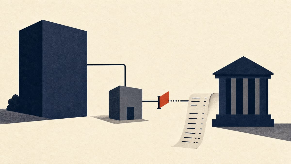 Abstract diagram of a parent company, an in-house insurance agency and an insurer joined by lines, with a gate on the commission line.