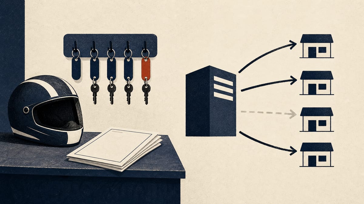 Illustration of a motorcycle repair shop counter with a helmet and key tags, next to a diagram of arrows linking an insurer to several small agencies.