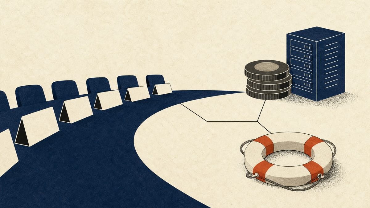 Abstract illustration of conference placards, stablecoin tokens, a server rack and a lifebelt connected by thin lines, representing G20 financial-stability topics.