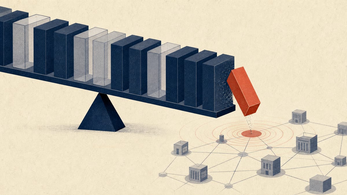 Abstract illustration of linked blocks feeding a balance beam, with one block detaching and sending ripples across a network of nodes.