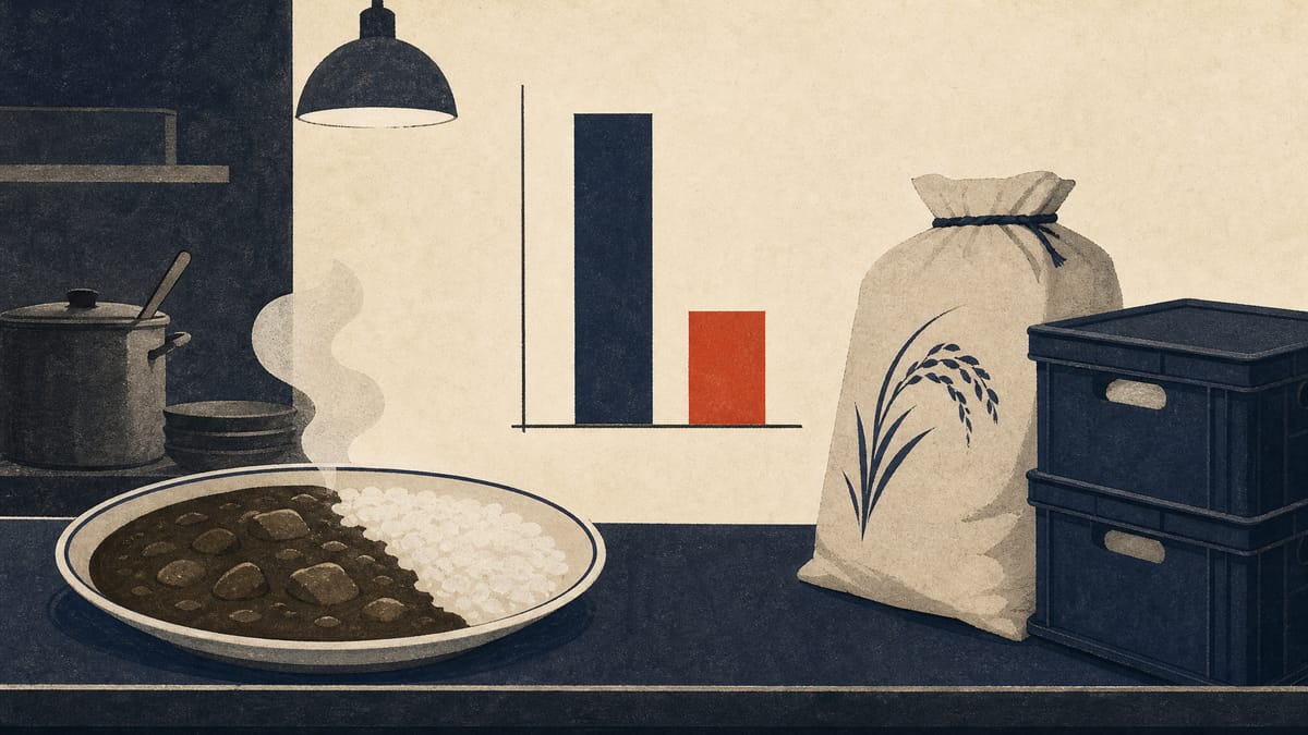 Curry rice on a kitchen counter next to a rice sack and delivery crates, with a simple bar chart showing sales higher than profit.